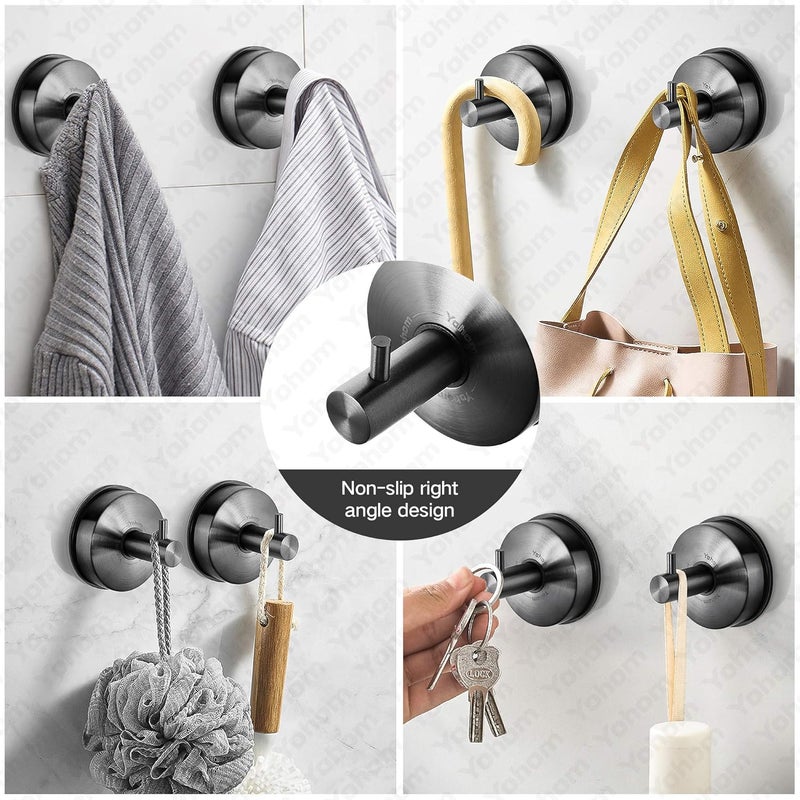 OHOM Suction Cup Hooks Shower Towel Holder Stainless Steel Vacuum Bathroom Shower Hook Suction Towel Rack Kitchen Organizer for Bathrobe Loofah Washcloth Brushed Black 4 Pcs - Image 5